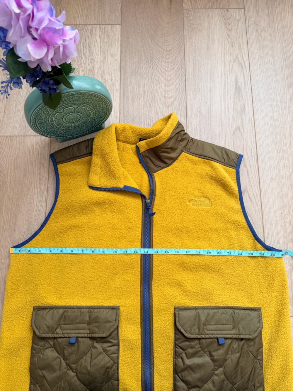 The North Face Yellow Fleece Vest with Olive Patch Pockets and Blue Trim - Picture 10 of 11